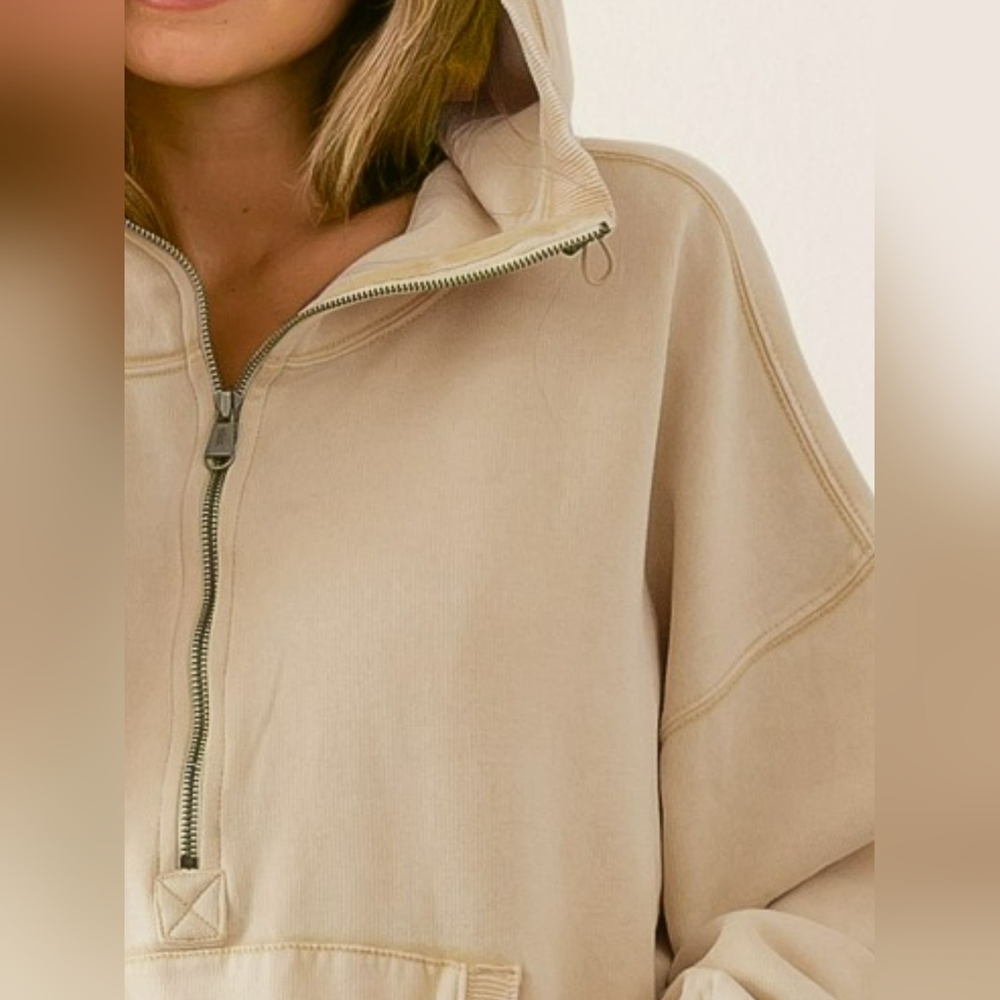 BiBi Stitch Detailed Elastic Hem Half Zip Fleece Hoodie - Picture 2 of 7